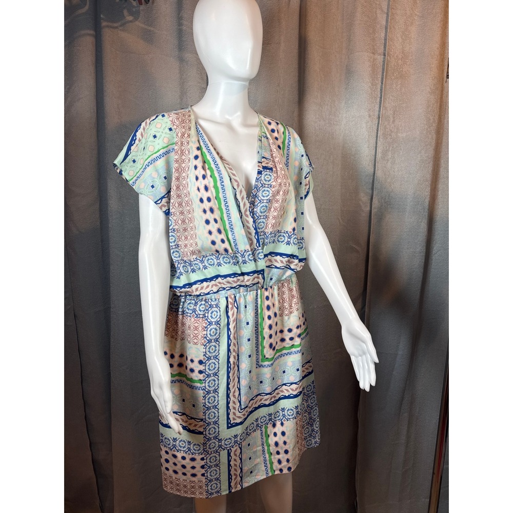 Bar III Women XL Multi Color Geometric Print V Neck Short Sleeve Wrap Dress
